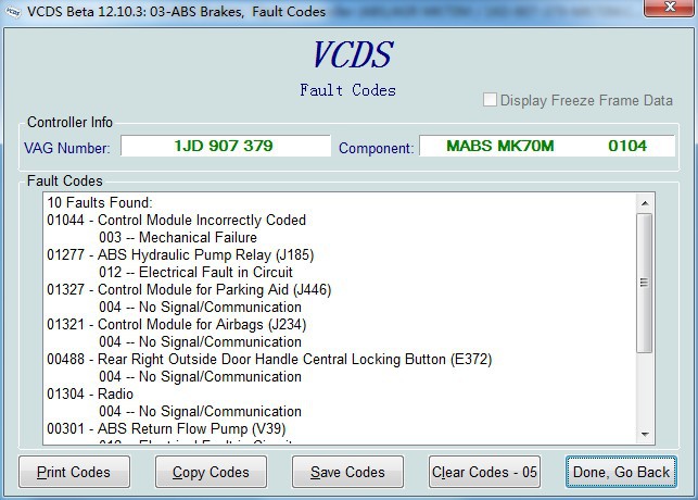 codes de défaut de freins d'ABS de COM VCDS de VAG bêtas 12.10.3