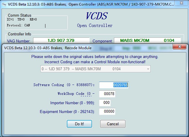freins d'ABS de COM VCDS de VAG les bêtas 12.10.3 ouvrent le contrôleur